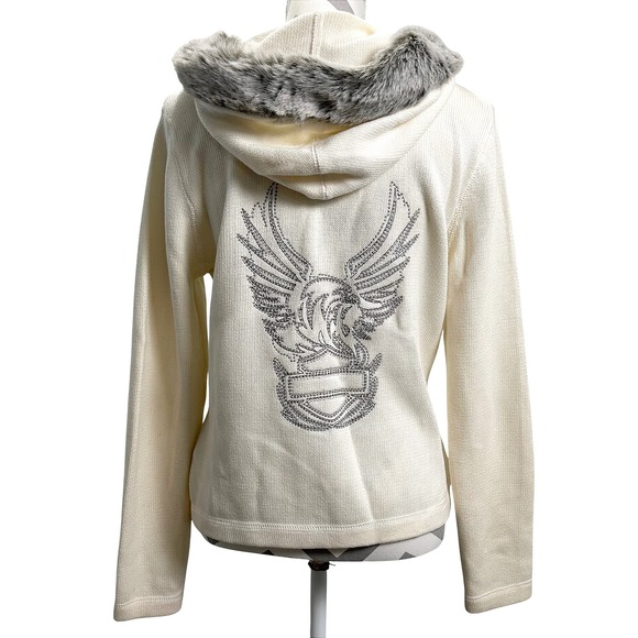 Harley Davidson L Ivory Embroidered Wing Faux Fur Hooded Full Zip Sweater Jacket - Picture 1 of 12